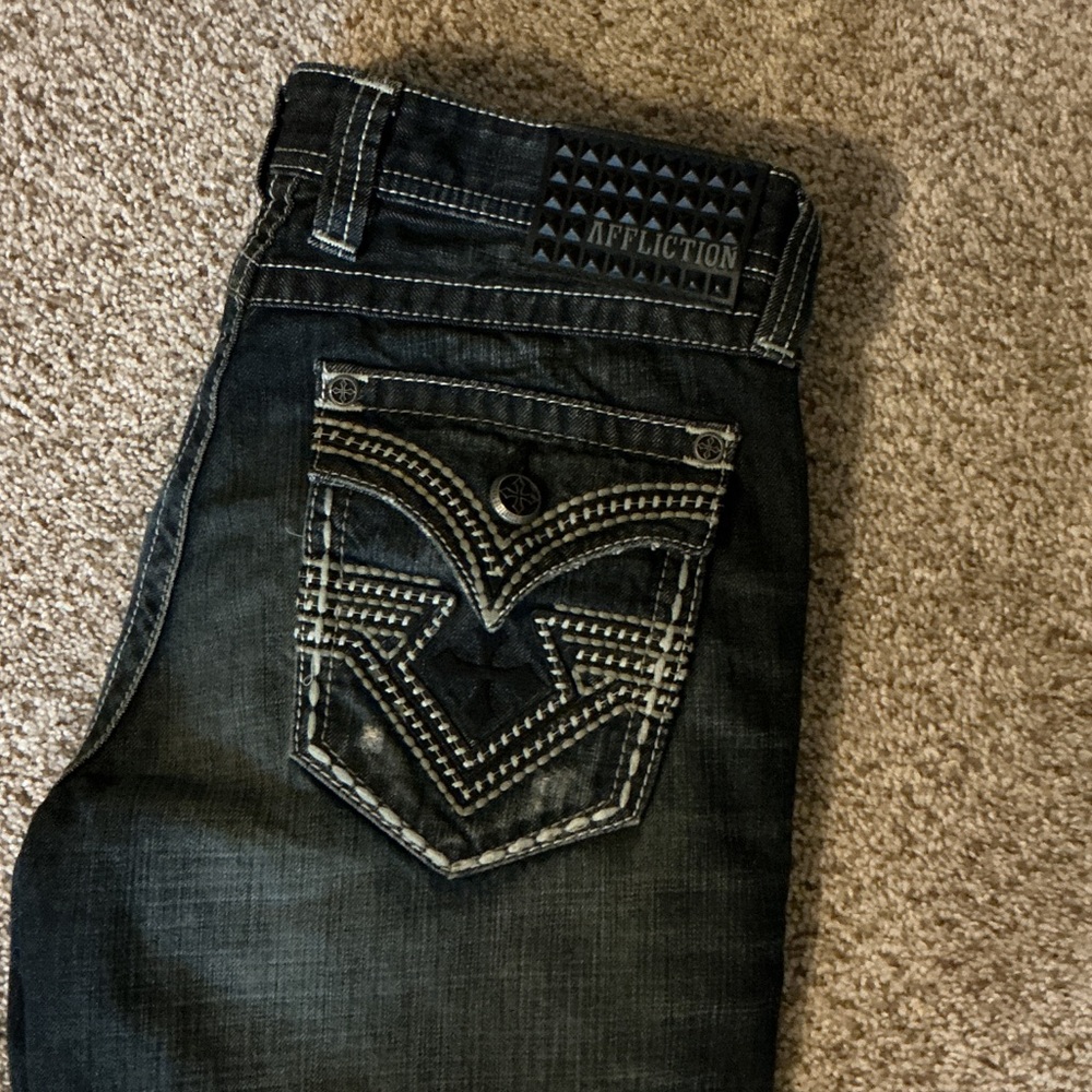 Affliction Men's Dark Wash Bootcut Jeans with Embroidered Pocket- Mens 31w